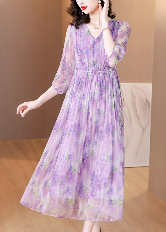 French Purple V Neck Ruffled Print Silk Dresses Summer