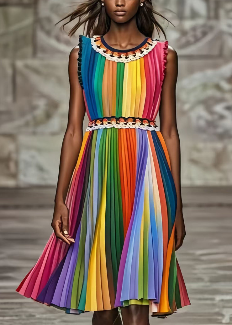 French Rainbow Cinched Striped Chiffon Pleated Dress Summer