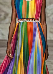 French Rainbow Cinched Striped Chiffon Pleated Dress Summer