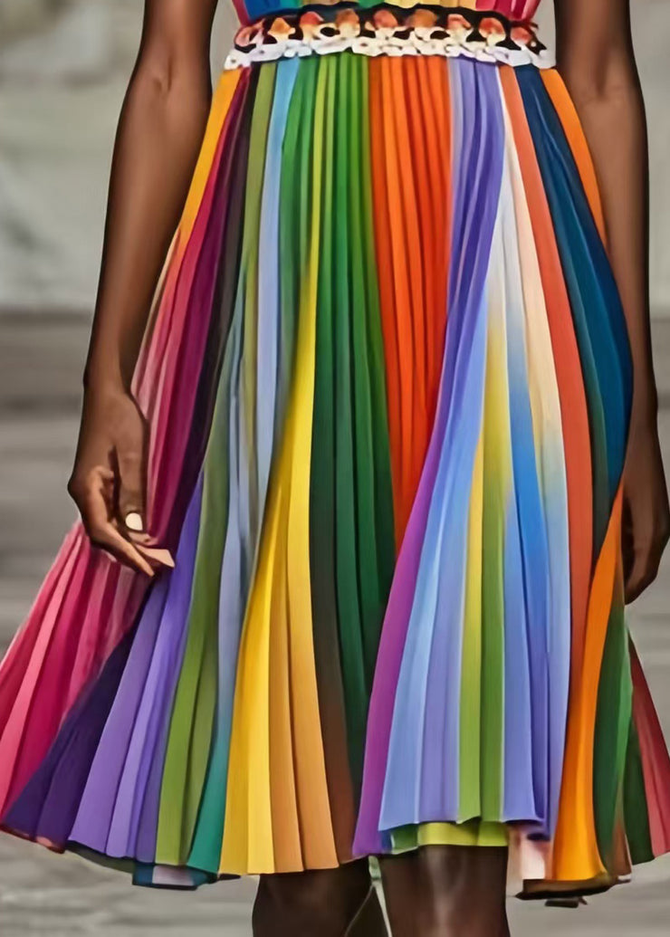 French Rainbow Cinched Striped Chiffon Pleated Dress Summer