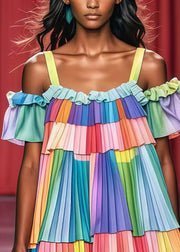 French Rainbow Cold Shoulder Chiffon Pleated Tea Dress Summer