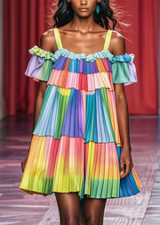 French Rainbow Cold Shoulder Chiffon Pleated Tea Dress Summer