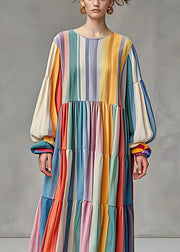 French Rainbow Oversized Striped Cotton Dresses Fall