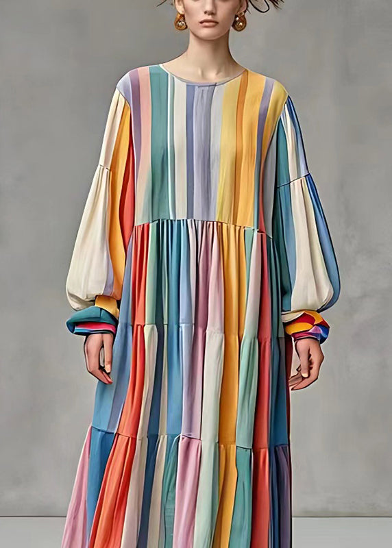 French Rainbow Oversized Striped Cotton Dresses Fall