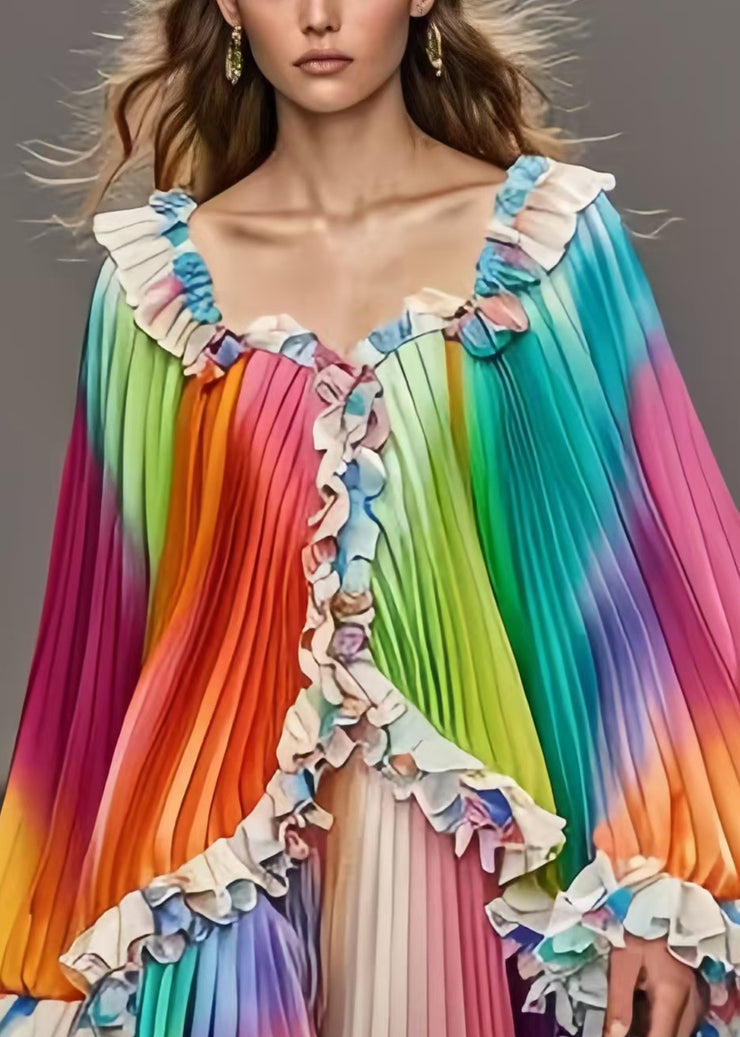 French Rainbow Ruffled Tie Dye Chiffon Day Pleated Dress Fall