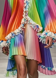 French Rainbow Ruffled Tie Dye Chiffon Day Pleated Dress Fall