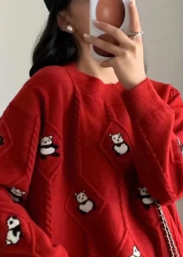 French Red Animal Cozy Knit Sweaters Fall