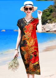 French Red Black V Neck Print Draping Silk Vacation Dress Short Sleeve