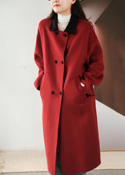 French Red Colorblock Peter Pan Collar Patchwork Double Breast Woolen Coats Winter