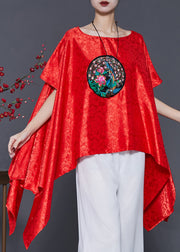 French Red Embroidered Asymmetrical Design Silk Tops Smock Summer