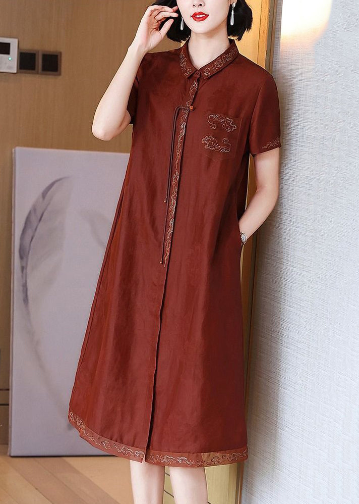 French Red Embroidered Button Pockets Silk Long Dress Summer