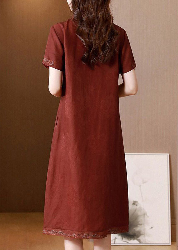 French Red Embroidered Button Pockets Silk Long Dress Summer