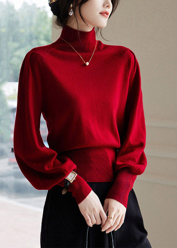 French Red High Neck Warm Cashmere Sweater Winter