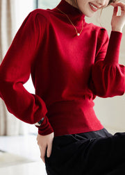 French Red High Neck Warm Cashmere Sweater Winter