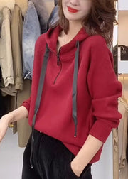 French Red Hooded Drawstring Knit Loose Sweatshirt Long Sleeve