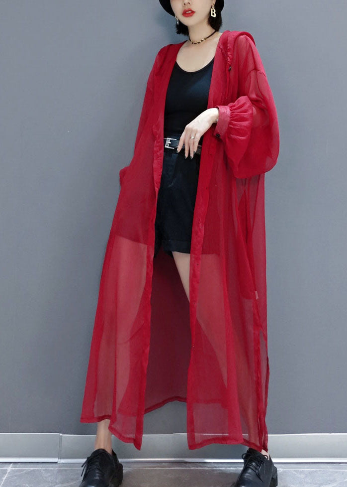 French Red Hooded Hollow Out Chiffon Long Cardigans Summer