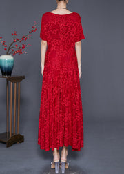 French Red Jacquard Exra Large Hem Silk Maxi Dresses Summer