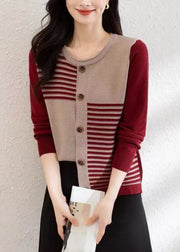 French Red O Neck Button Patchwork Knit Cardigans Fall