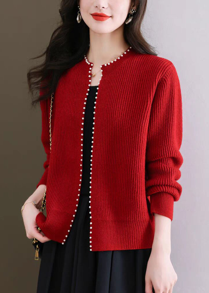 French Red O Neck Nail Bead Knit Cardigans Fall