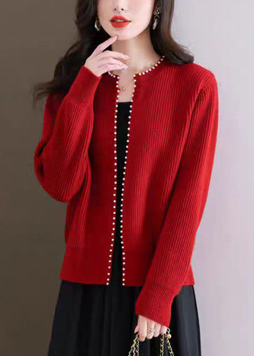 French Red O Neck Nail Bead Knit Cardigans Fall