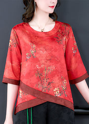 French Red O Neck Print Patchwork Silk Shirt Tops Summer