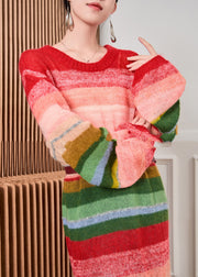 French Red O-Neck Striped Sashes Knitted Cotton Thread Long Dress Winter