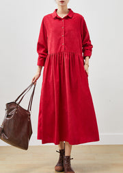 French Red Oversized Exra Large Hem Corduroy Long Dress Spring