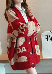 French Red Oversized Jacquard Knit Loose Cardigan Winter