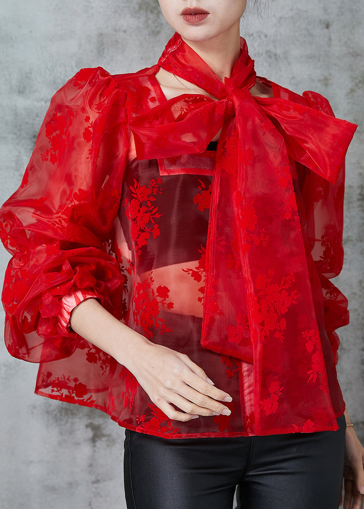 French Red Oversized Jacquard Tulle Blouses Spring