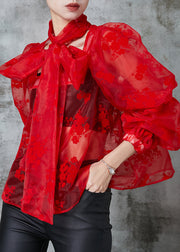 French Red Oversized Jacquard Tulle Blouses Spring