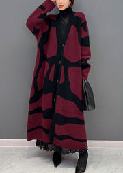 French Red Oversized Print Knit Long Cardigan Winter