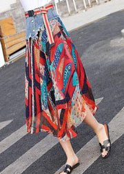 French Red Patchwork Print Chiffon Skirt Summer