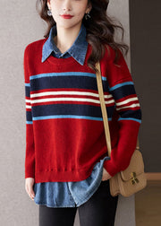 French Red Peter Pan Collar Denim Stitching Fake Two Piece Knit Top Autumn