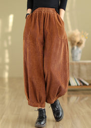 French Red Pockets Elastic Waist Corduroy Crop Pants Fall