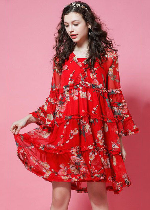 French Red Ruffled Print Chiffon Maxi Dress Bracelet Sleeve