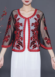 French Red Sequins Embroideried Tulle Loose Cardigan Summer