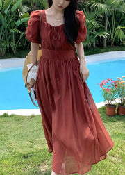 French Red Square Collar Puff Sleeve Chiffon Dress