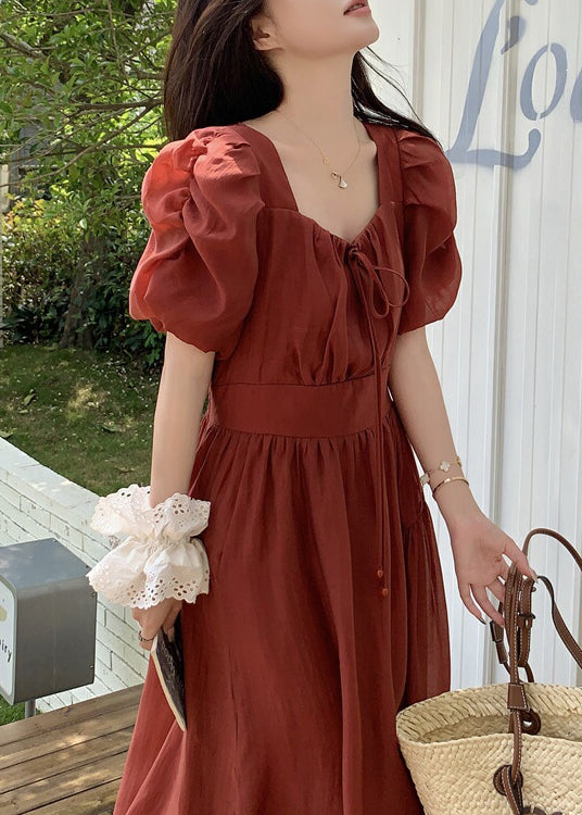 French Red Square Collar Puff Sleeve Chiffon Dress