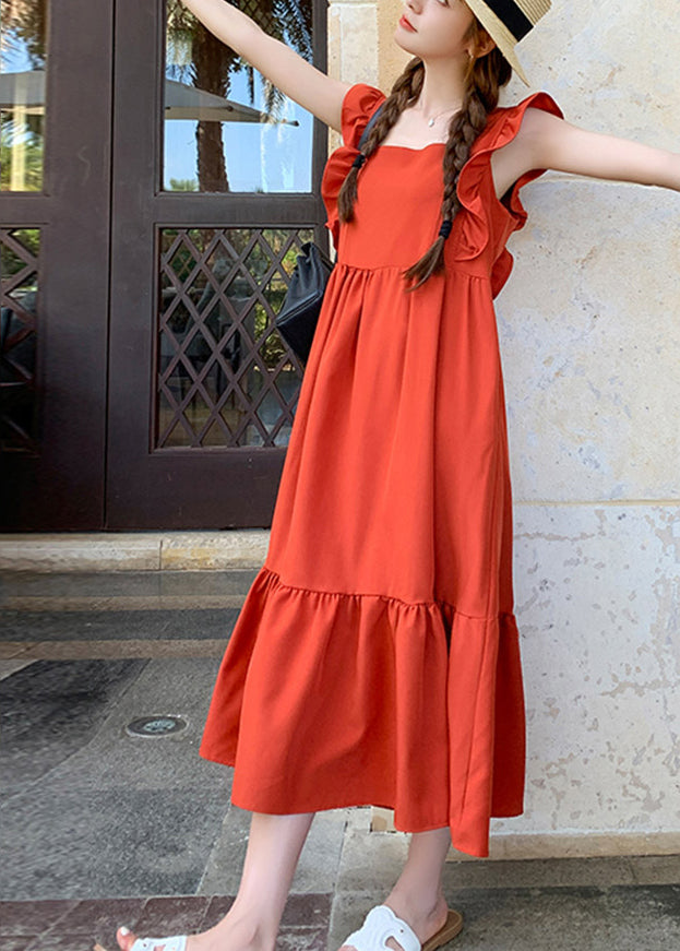 French Red Square Collar Wrinkled Patchwork Cotton Dresses Butterfly Sleeve