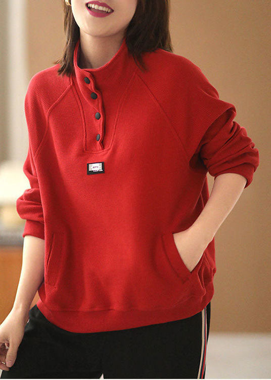 French Red Stand Collar Pockets Cotton Loose Sweatshirts Top Long Sleeve