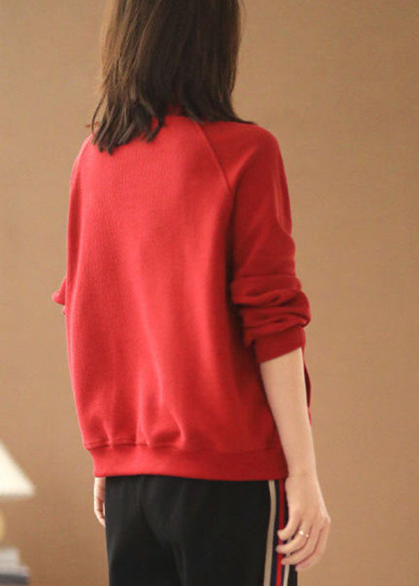 French Red Stand Collar Pockets Cotton Loose Sweatshirts Top Long Sleeve