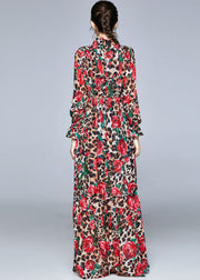 French Red Stand Collar Ruffled Leopard Print Chiffon Long Dress Fall