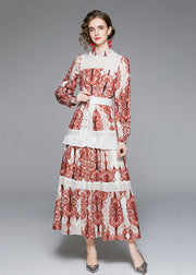 French Red Stand Collar Ruffled Patchwork Print Long Dress Fall