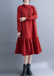 French Red Turtleneck Ruffled Patchwork Thick Maxi Dresses Fall