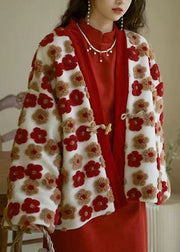 French Red V Neck Floral Warm Coat Winter