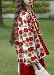 French Red V Neck Floral Warm Coat Winter