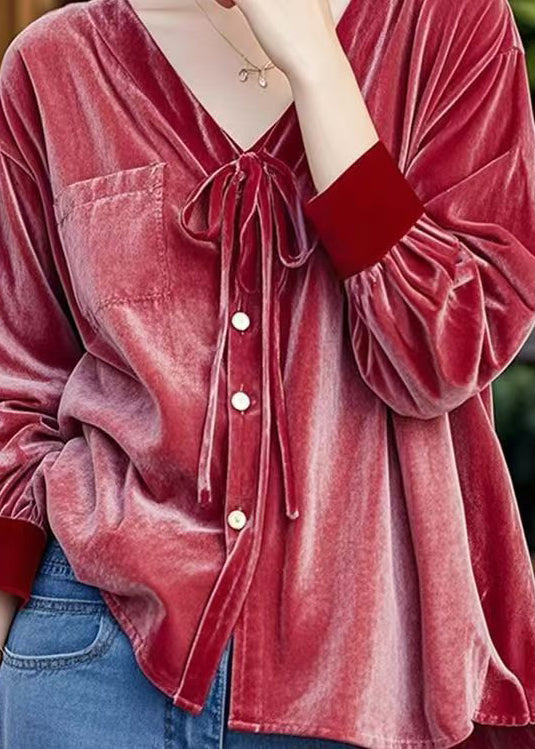 French Red V Neck Lace Up Button Velour Shirt Top Fall