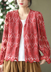 French Red V Neck Patchwork Lace Cardigans Spring