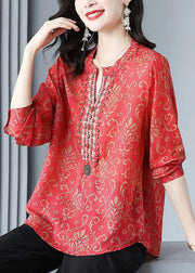 French Red V Neck Print Rivet Patchwork Silk Blouse Tops Spring