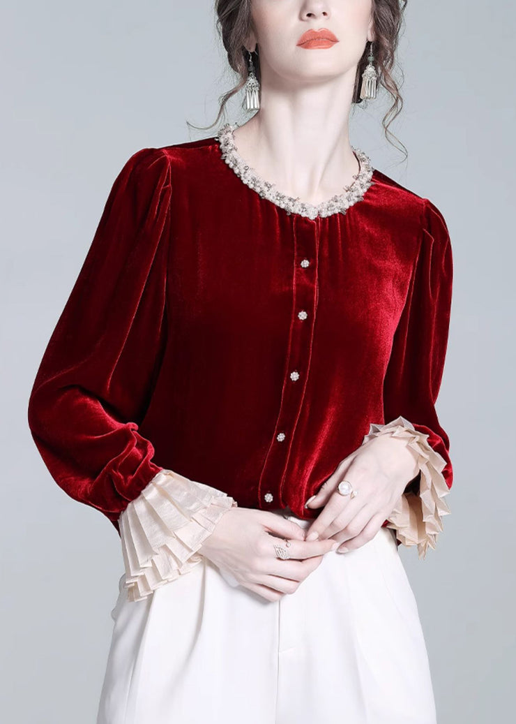 French Red Zircon Button Patchwork Silk Velour Shirt Flare Sleeve